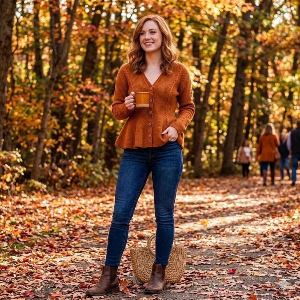 Dark Autumn Steve Madden Cardigan Womens M Burnt Orange Peplum Knit Sweater